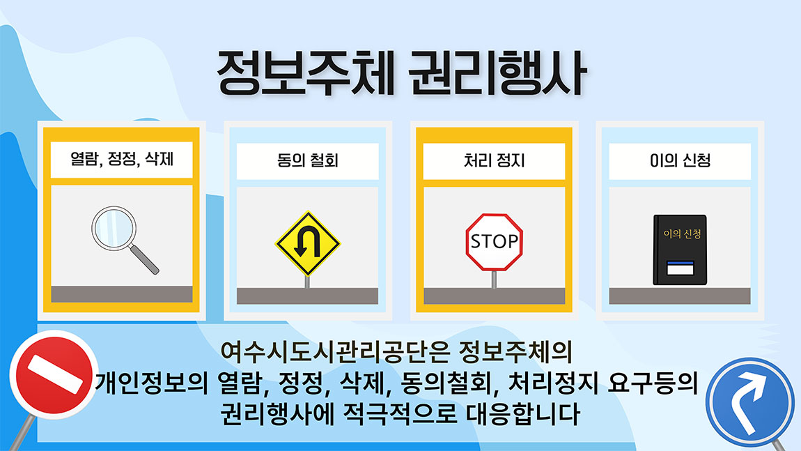 정보주체 권리행사 열람,정정,삭제, 동의 철회, 처리 정지, 이의 신청, 여수시도시관리공단은 정보주체의 개인정보의 열람, 정정, 삭제, 동의철회, 처리정지 요구등의 권리행사에 적극적으로 대응합니다.