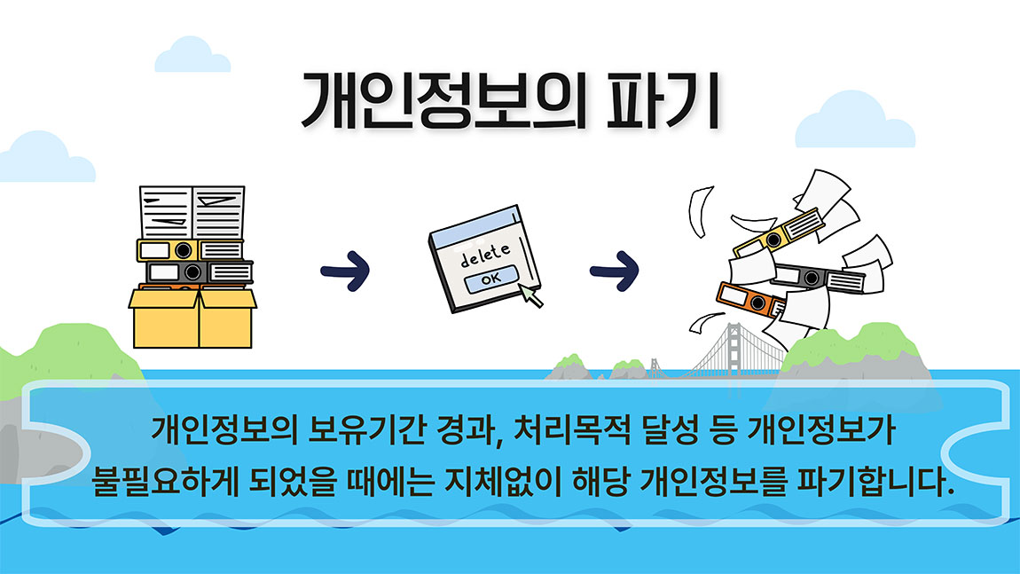 개인정보의 파기 개인정보의 보유기간 경과, 처리목적 달성 등 개인정보가 불필요하게 되었을 때에는 지체없이 해당 개인정보를 파기합니다.