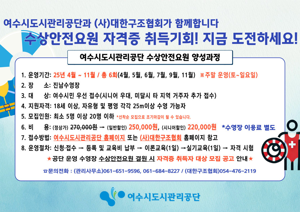 여수시도시관리공단과 (사)대한구조협회가 함께합니다
수상안전요원 자격증 취득기회! 지금 도전하세요!
여수시도시관리공단 수상안전요원 양성과정
1. 운영기간: 25년 4월 ~ 11월 / 총 6회(4월, 5월, 6월, 7월, 9월, 11월) ※주말 운영(토~일요일)
2. 장소: 진남수영장
3. 대상: 여수시민 우선 접수(시니어 우대, 미달시 타 지역 거주자 추가 접수)
4. 지원자격: 18세 이상, 자유형 및 평영 각각 25m이상 수영 가능자
5. 모집인원: 최소 5명 이상 20명 이하 *선착순 모집으로 조기마감이 될 수 있습니다.
6. 비용: (정상가) 270,000원 -> (일반할인) 250,000원, (시니어할인) 220,000원 *수영장 이용료 별도
7. 접수방법: 여수시도시관리공단 홈페이지 또는 (사)대한구조협회 홈페이지 참고
8. 운영절차: 신청·접수 → 등록 및 교육비 납부 → 이론교육(1일) → 실기교육(1일) → 자격 시험
★공단 운영 수영장 수상안전요원 결원 시 자격증 취득자 대상 모집 공고 안내★
*문의전화 : (관리사무소)061-651-9596, 061-684-8227 / (대한구조협회)054-476-2119
여수시도시관리공단