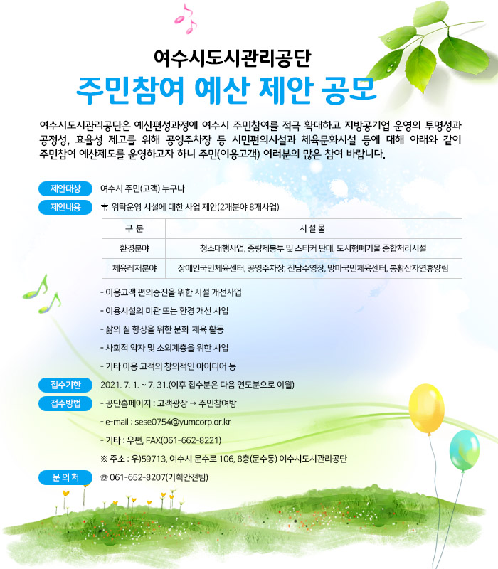 여수시도시관리공단 주민참여 예산제안 공모 여수시도시관리공단은 예산편성과정에 여수시 주민참여를 적극 확대하고 지방공기업 운영의 투명성과 공정성, 효율성 제고를 위해 공영주차장 등 시민편의시설과 체육문화시설 등에 대해 아래와 같이 주민참여 예산제도를 운영하고자 하니 주민(이용고객) 여러분의 많은 참여바랍니다. 제안대상:여수시 주민(고객)누구나 제안내용:위탁운영 시설에 대한 사업제안(2개분야 8개사업) 환경분야 시설물-청소대행사업, 종량제봉투 및 스티커 판매, 도시형폐기물 종합처리시설 / 체육레저분야 시설물-장애인국민체육센터, 공영주차장, 진남수영장, 망마국민체육센터, 봉황산자연휴양림 / - 이용고객편의증진을 위한 시설개선사업 -이용시설의 미관 또는 환경개선사업 -삶의 질 향상을 위한 문화,체육 활동 -사회적 약자 및 소외계층을 위한 사업 -기타이용고객의 창의적인 아이디어 등 / 접수기한:2021.7.1~7.31(이후 접수분은 다음연도분으로 이월) 접수방법 -공단홈페이지:고객광장 → 주민참여방 -이메일:sese0754~yumcorp.or.kr -기타:우편,FAX 061-662-8221 ※주소:우)59713, 여수시 문수로 106, 8층(문수동) 여수시도시관리공단 문의처 061-652-8207(기획안전팀)