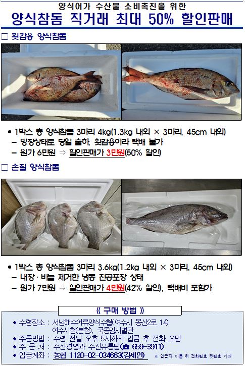 양식어가 수산물 소비촉진을 위한 양식참돔 직거래 최대 50% 할인판매 □ 횟감은 양식참돔 ● 1박스 총 양식참돔 3마리 4kg(1.3kg 내외 × 3마리, 45cm 내외) - 빙장상태로 당일출하, 횟감용이라 택배 불가 -원가 6만원→ 할인판매가 3만원(50% 할인) □손질 양식참 ● 1박스 총 양식참돔 3마리 3.6kg(1.2kg 내외 × 3마리, 45cm 내외) ・내장. 비늘 제거한 냉동 진공포장 상태 -원가 7만원→ 할인판매가 4만원(42% 할인), 택배비 포함가 《구매 방법 》 • 수령장소: 서남해수어류양식수현(여수시 봉산2로 14 여수시청(본청), 국동임시별관 •주문방법 : 수령 전날 오후 5시까지 입금 후 전화 요망 ·주문처 : 수산경영과 수산유통팀(659-3911) • 입금계좌: 농협 1120-02-034663(김세인 ※입금자 이름 뒤 전화번호 뒷번호 기재